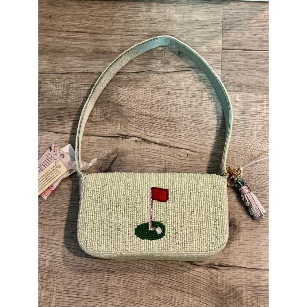 NWT HANDCRAFTED in INDIA Beaded GOLF CART Green And Pink SHOULDER BAG Purse - Picture 4 of 6